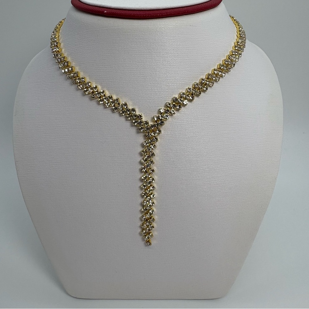 Gold Lariat Rhinestone Y-Shaped Statement Necklace & Earrings Set, Brand New